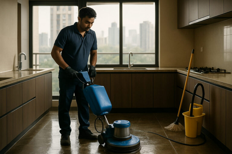 editorial a cleaning technician operating a rotary floor scrubbing machine in a modern Mumbai apartment kitchen, bright…