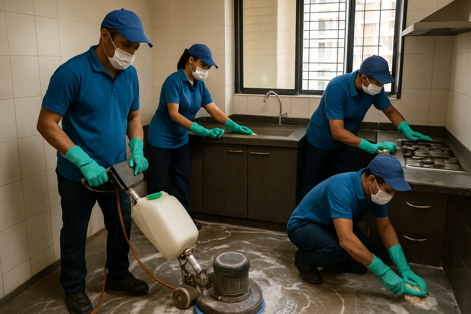 Professional deep cleaning team scrubbing a Mumbai apartment kitchen with machine floor scrubber
