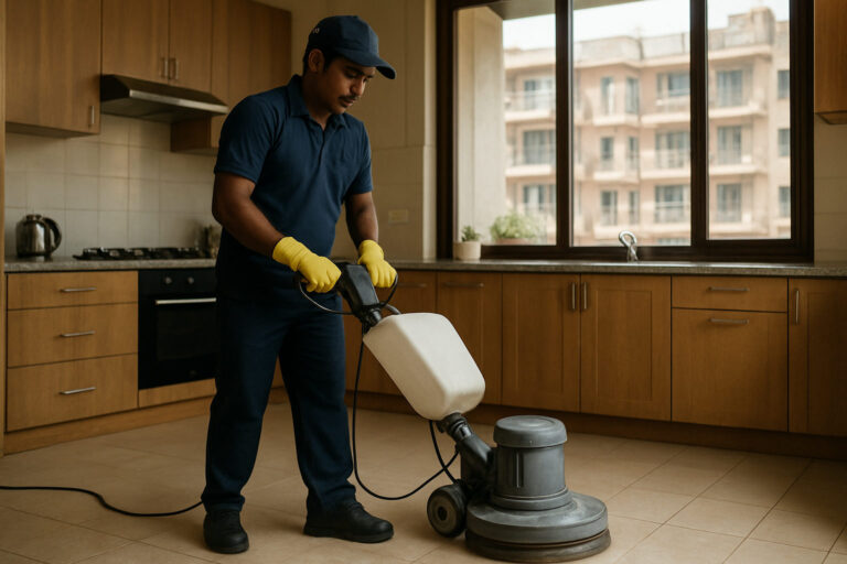 editorial a cleaner in uniform using a floor scrubbing machine in a bright Indian apartment kitchen, West Delhi residential…