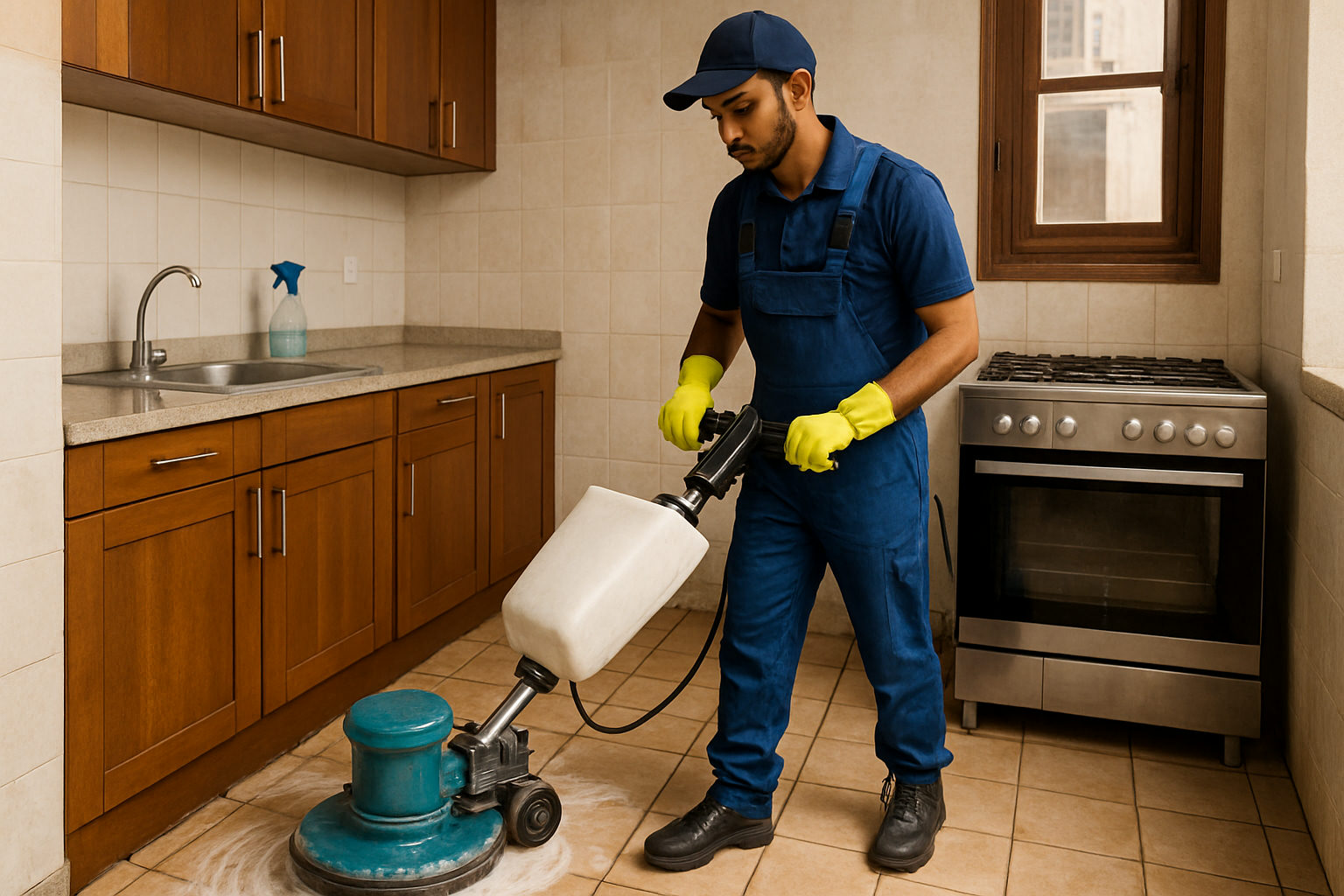 A professional cleaner scrubbing kitchen tiles in a West Delhi apartment with a machine scrubber