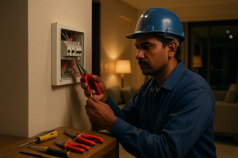 editorial a Indian electrician in a blue uniform carefully working on a residential switchboard inside a modern Ahmedabad…