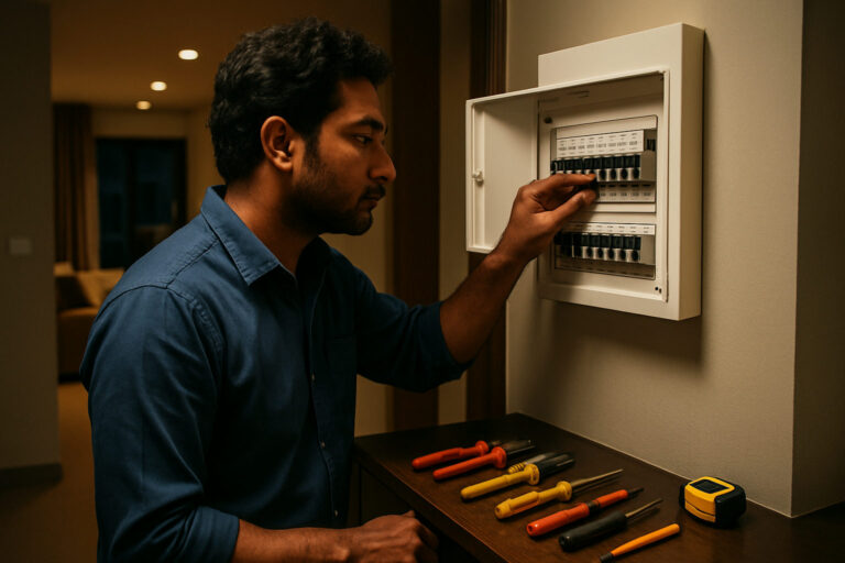 editorial a licensed electrician in a blue work shirt inspecting a residential distribution board inside a modern Bangalore…