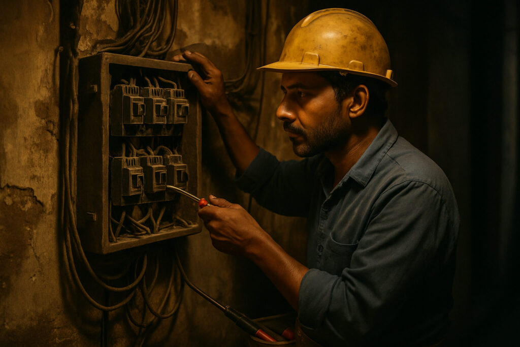 editorial a licensed electrician inspecting an aged electrical distribution panel inside a pre-1990 residential building in…