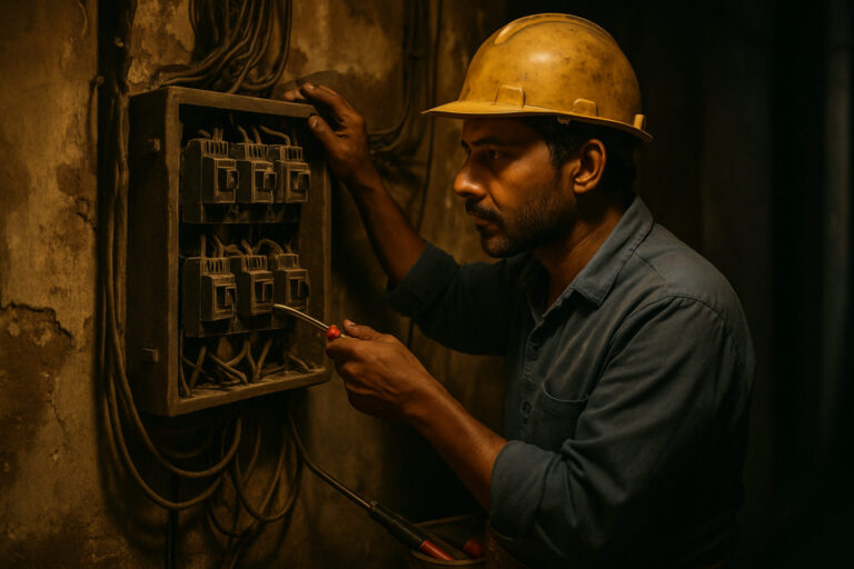 editorial a licensed electrician inspecting an aged electrical distribution panel inside a pre-1990 residential building in…