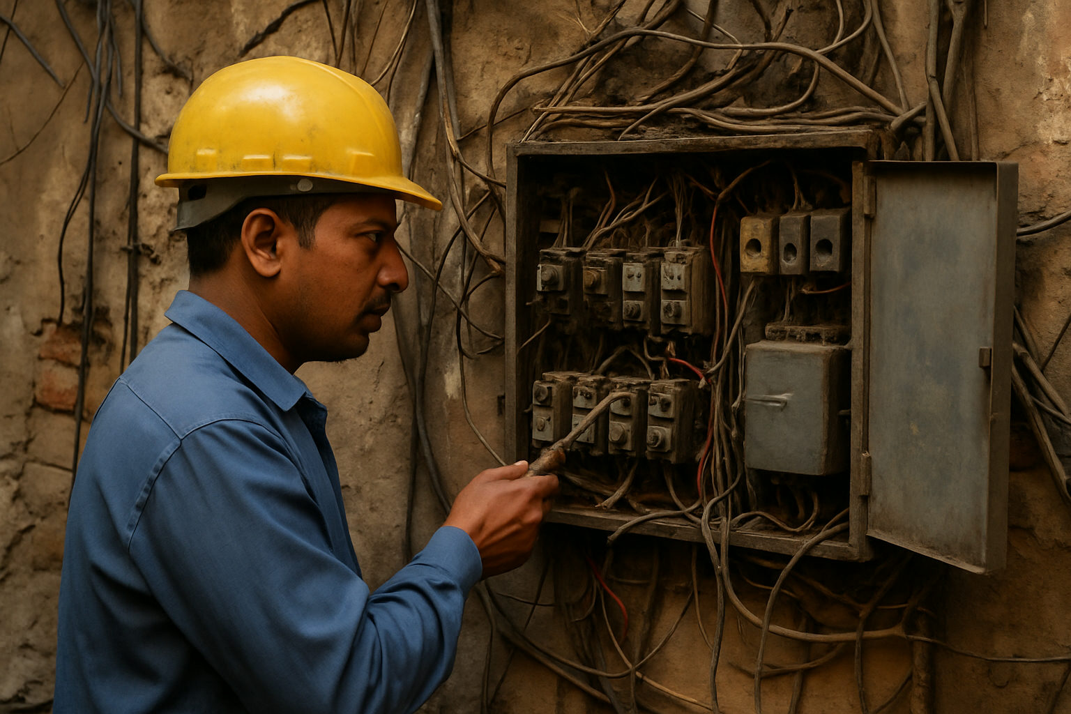 A licensed electrician inspecting an old wiring panel in a pre-1990 building in Chandni Chowk, Central Delhi