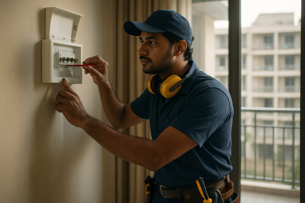editorial a Indian electrician in a clean uniform inspecting a switchboard inside a modern Chandigarh apartment, tools…