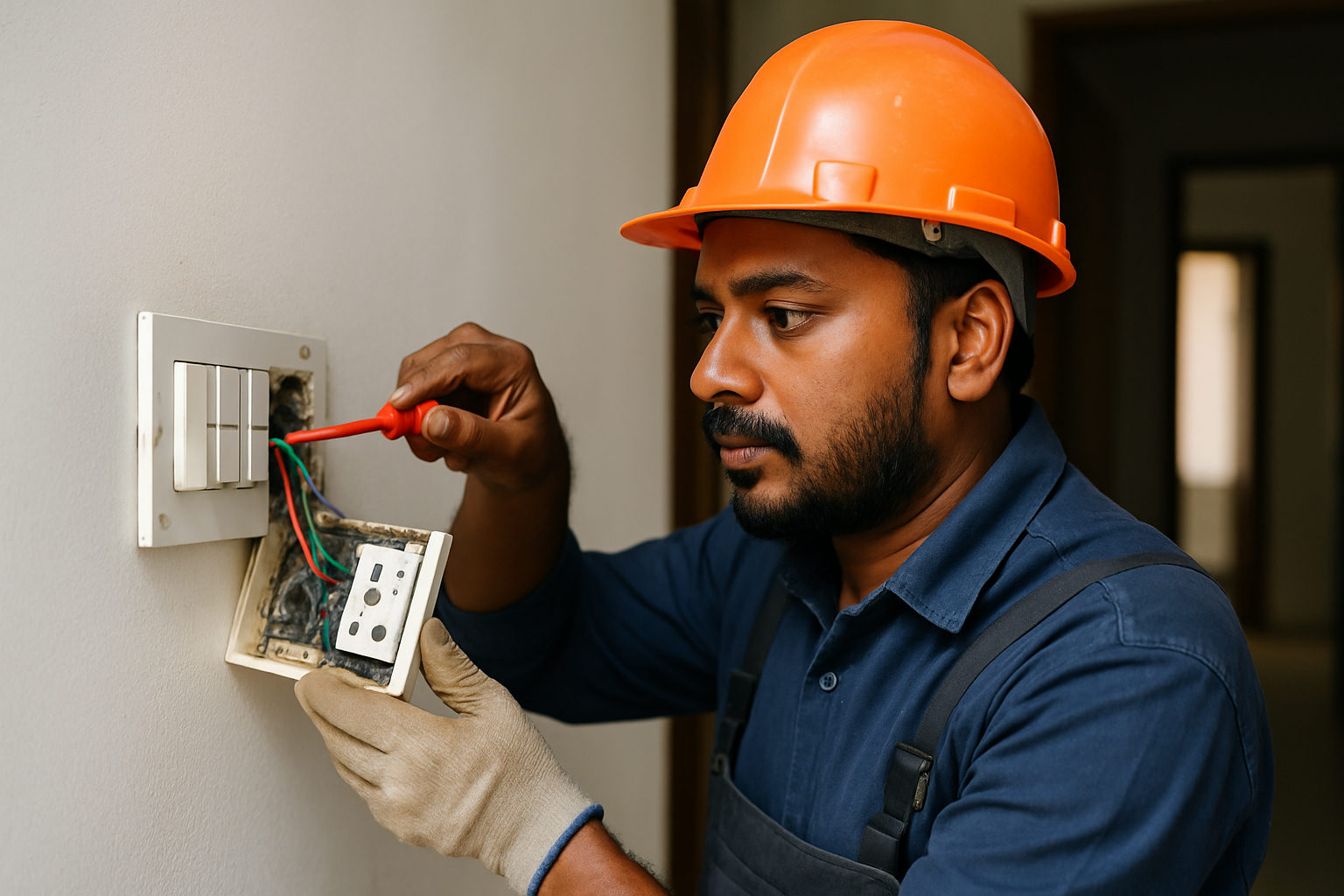 A licensed electrician in Chandigarh fixing a switchboard in a Sector 38 apartment