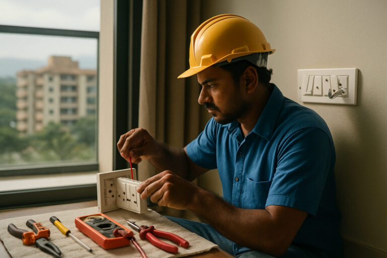 editorial a licensed electrician in a modern Coimbatore apartment, working on a switchboard panel, tools laid out neatly on…