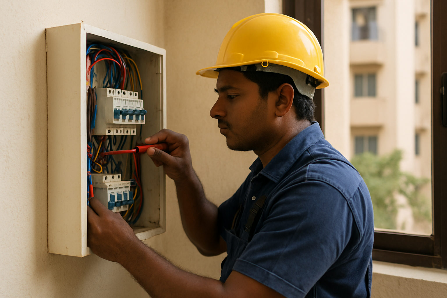 A licensed electrician fixing a switchboard in a Coimbatore apartment