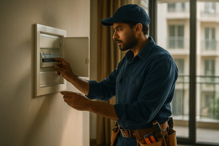 editorial a electrician in work clothes inspecting a modular switchboard inside a modern apartment in East Delhi, natural…