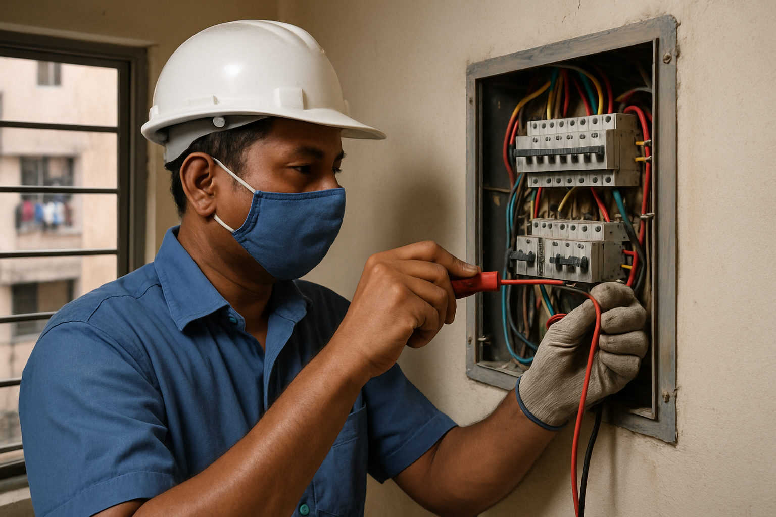 A verified electrician repairing a switchboard in a flat in Laxmi Nagar, East Delhi