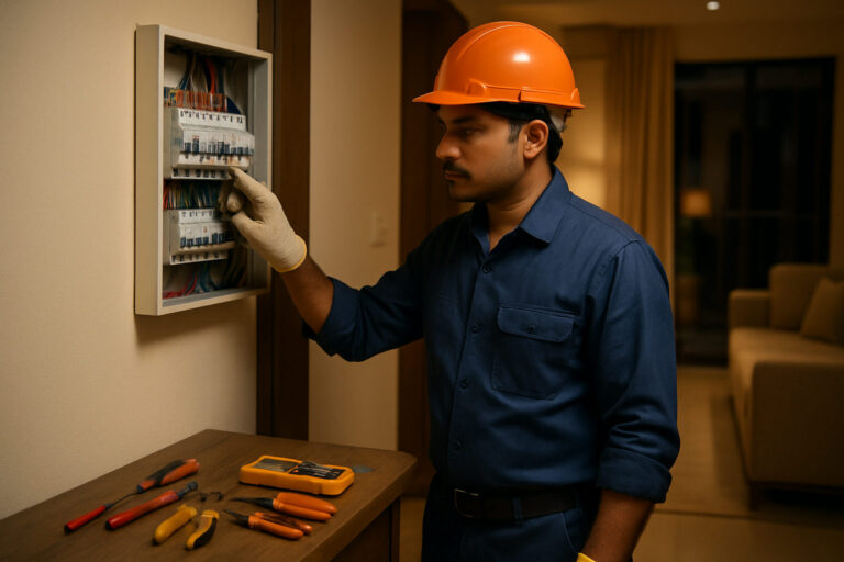 editorial a licensed Indian electrician in work uniform inspecting a switchboard panel inside a modern Indore apartment,…