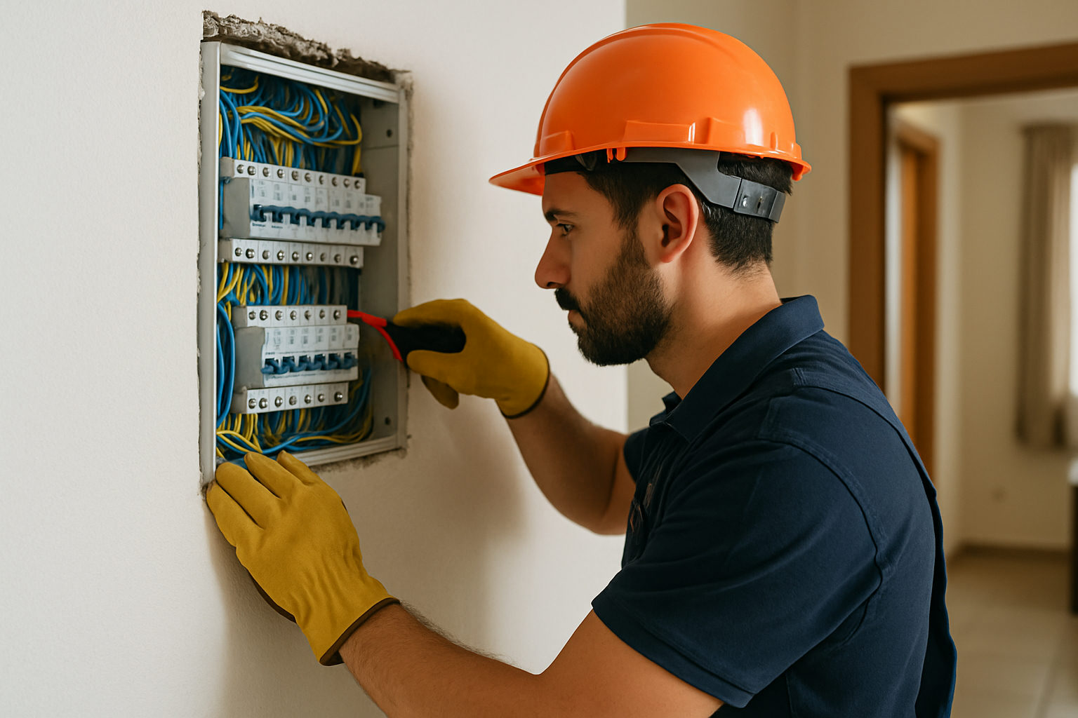A licensed electrician working on a switchboard in an Indore apartment
