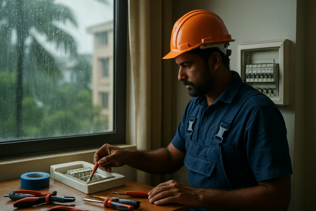 editorial a licensed electrician inspecting a residential switchboard inside a bright Kochi apartment, tools on a…