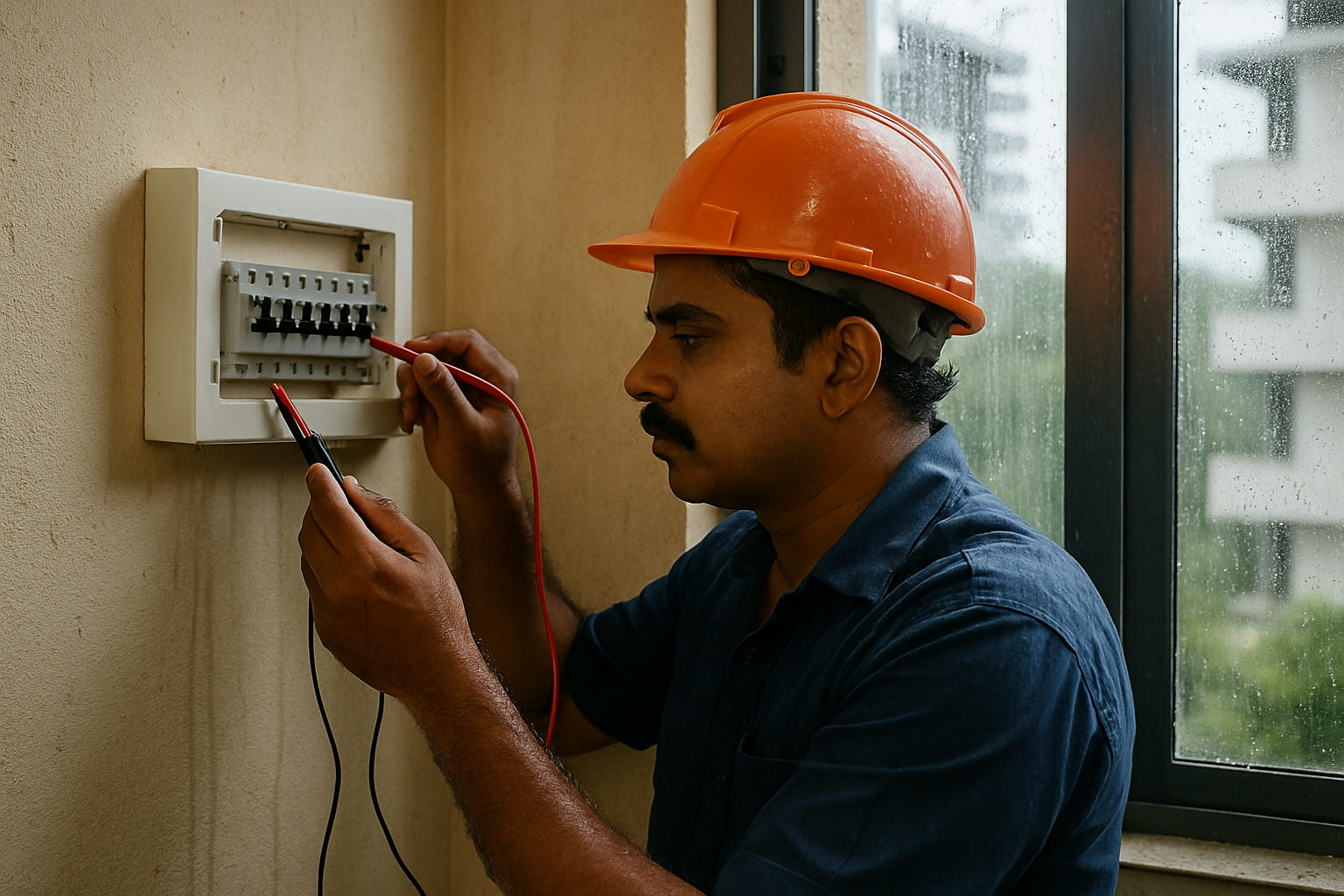 A licensed electrician inspecting a switchboard in a Kochi apartment during monsoon season