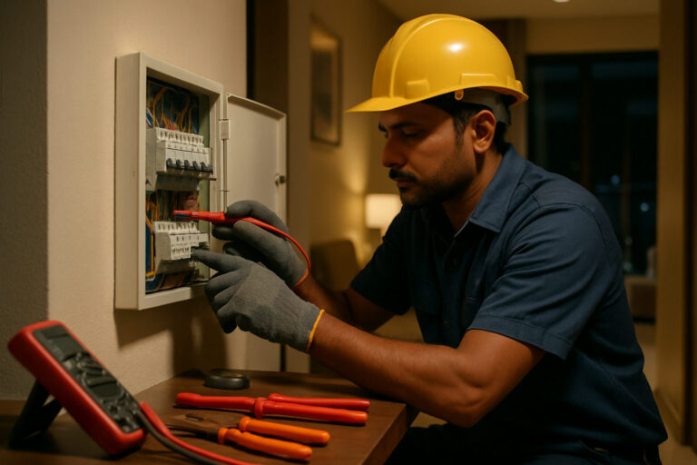 editorial a electrician working on an electrical panel inside a modern Pune apartment, tools laid out neatly, warm indoor…