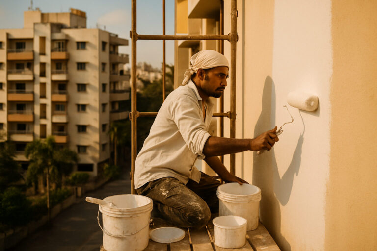 editorial a Indian painter carefully applying weather-resistant white emulsion paint on the exterior wall of a mid-rise…