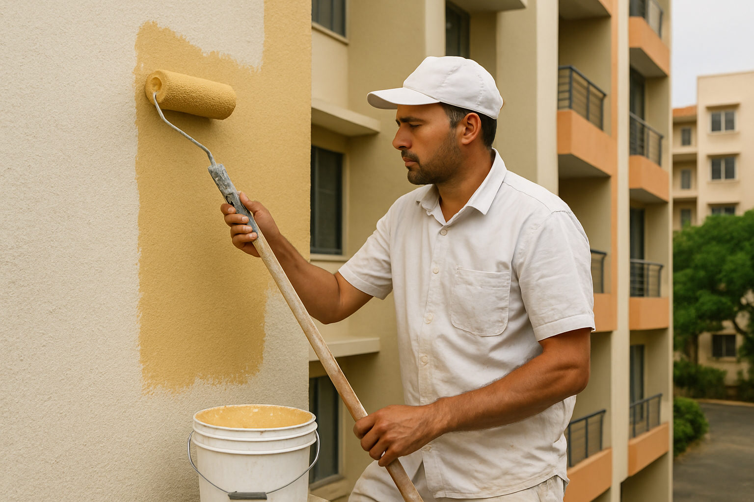 A professional painter applying weather-resistant emulsion on an exterior wall of a Nagpur apartment building