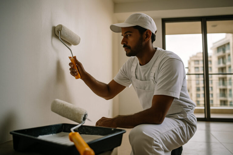 editorial a painter carefully applying white emulsion to an interior wall in a modern Delhi apartment, natural light from…