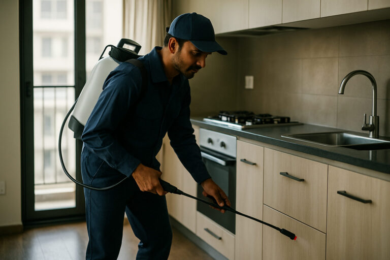 editorial a pest control technician in uniform spraying treatment inside a modern Delhi apartment kitchen, natural window…