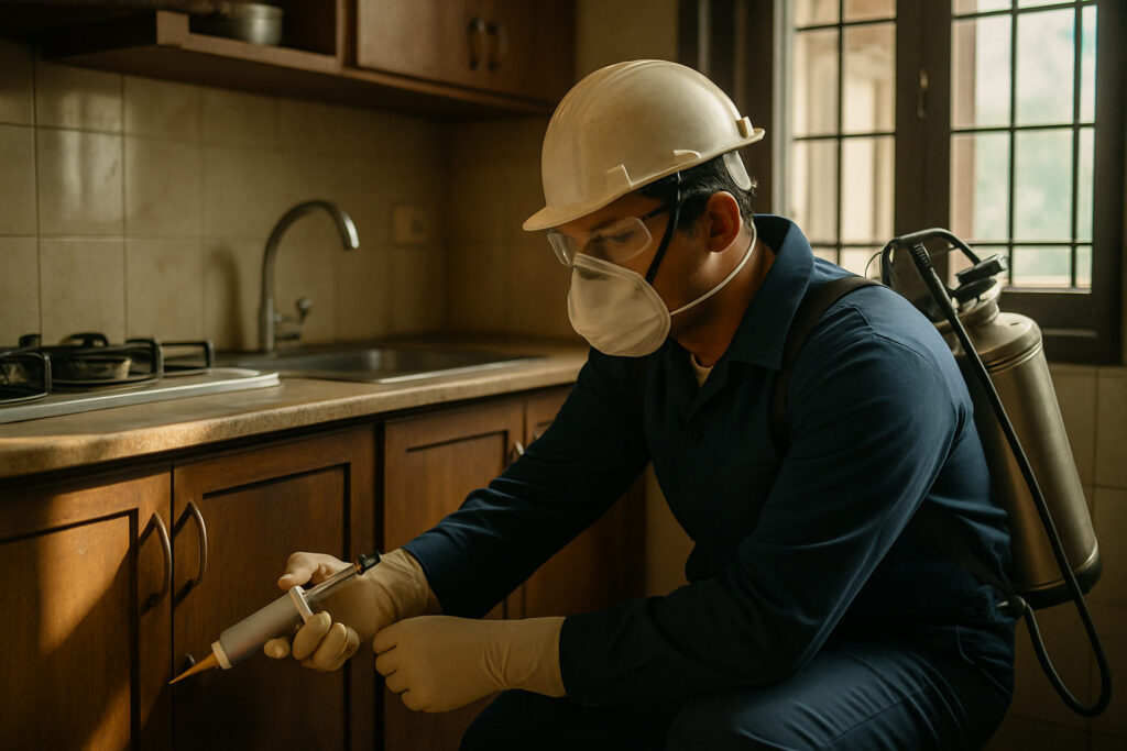editorial a uniformed pest control technician in protective gear applying gel bait treatment inside a compact Indian…