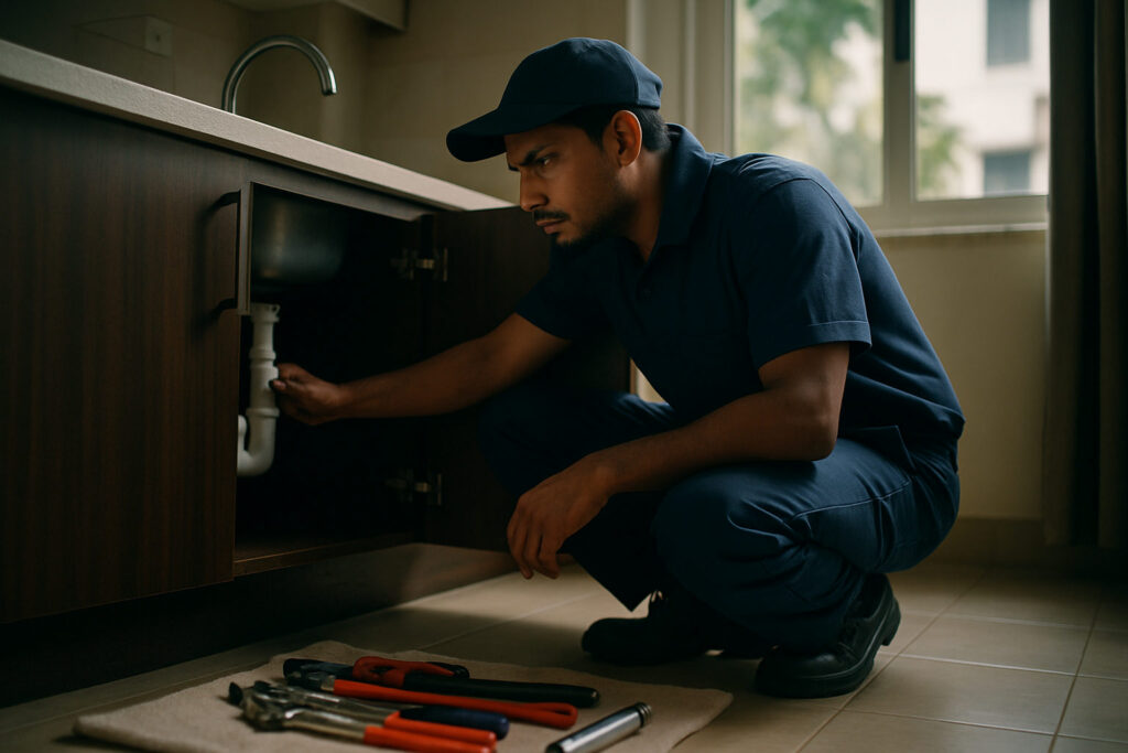 editorial a plumber in a navy uniform inspecting under a kitchen sink in a modern Indian apartment in Coimbatore, natural…