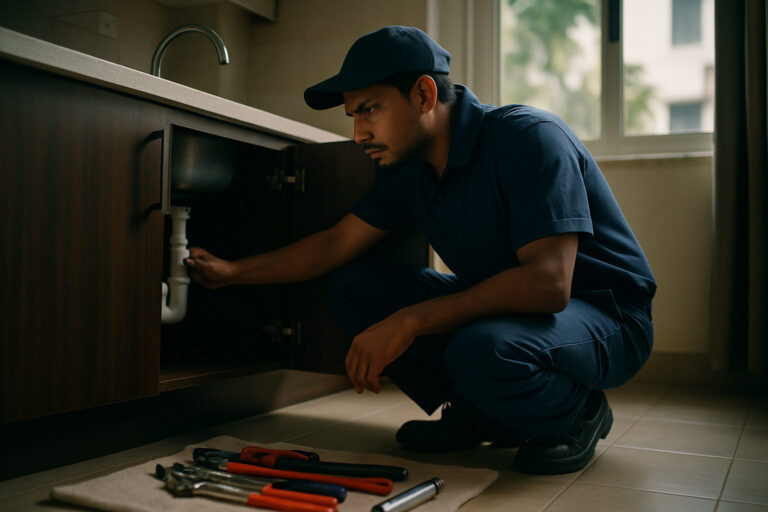 editorial a plumber in a navy uniform inspecting under a kitchen sink in a modern Indian apartment in Coimbatore, natural…