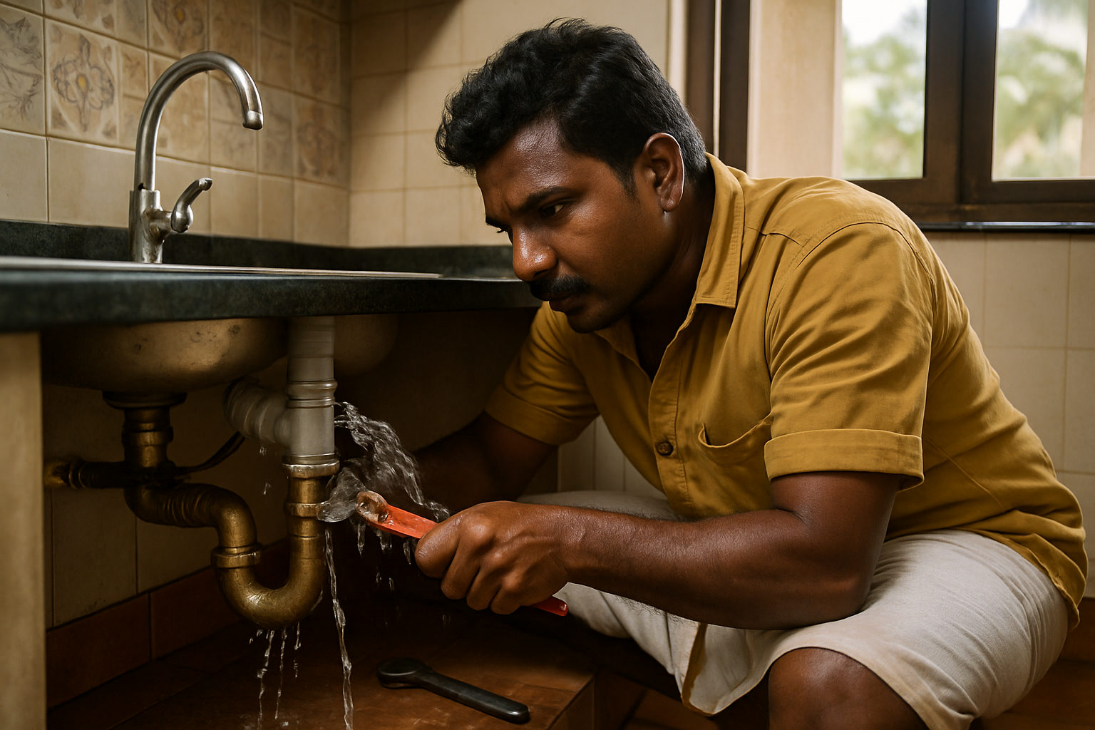 A plumber fixing a pipeline leak in a Coimbatore apartment kitchen