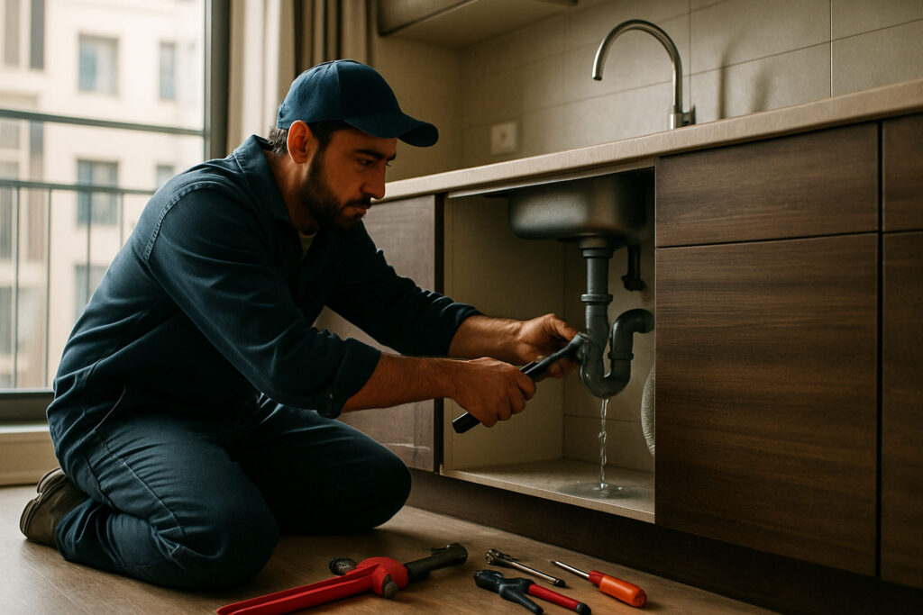 editorial a plumber in work clothes fixing a leaking pipe under a kitchen sink in a modern Jaipur apartment, natural…