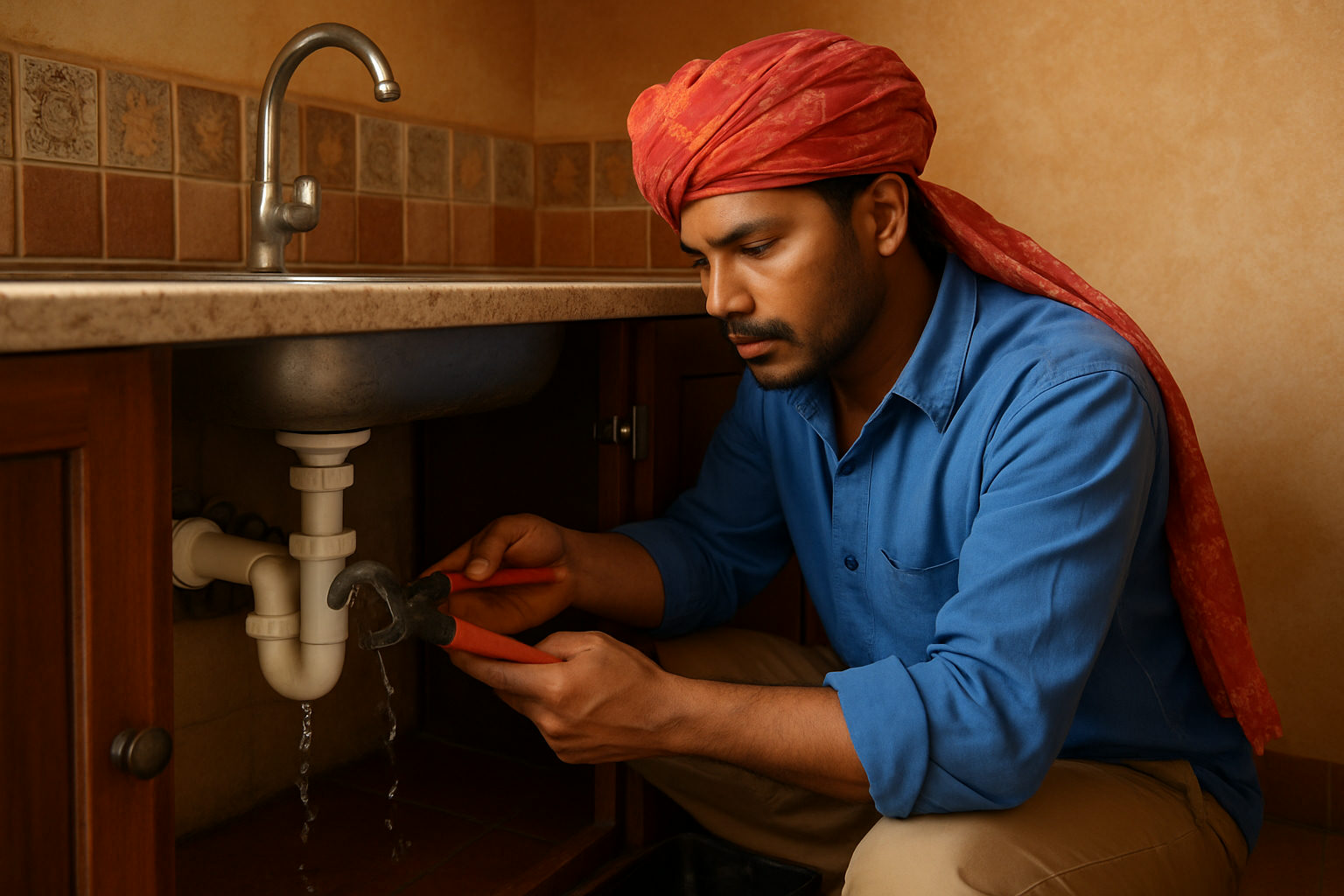 A plumber fixing a leaking pipe under a kitchen sink in a Jaipur apartment