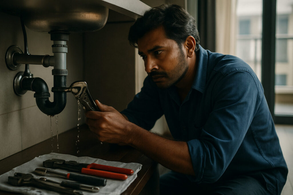editorial a skilled Indian plumber in a blue work shirt repairing a pipeline leak under a sink in a modern North Delhi…