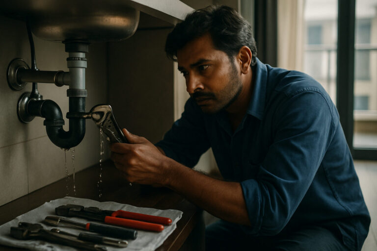 editorial a skilled Indian plumber in a blue work shirt repairing a pipeline leak under a sink in a modern North Delhi…