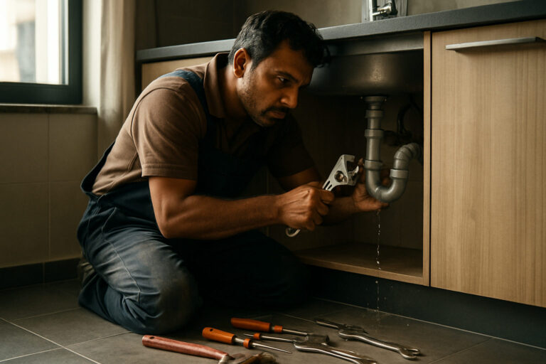 editorial a skilled Indian plumber in work clothes fixing a leaking pipe under a kitchen sink in a modern Surat apartment,…