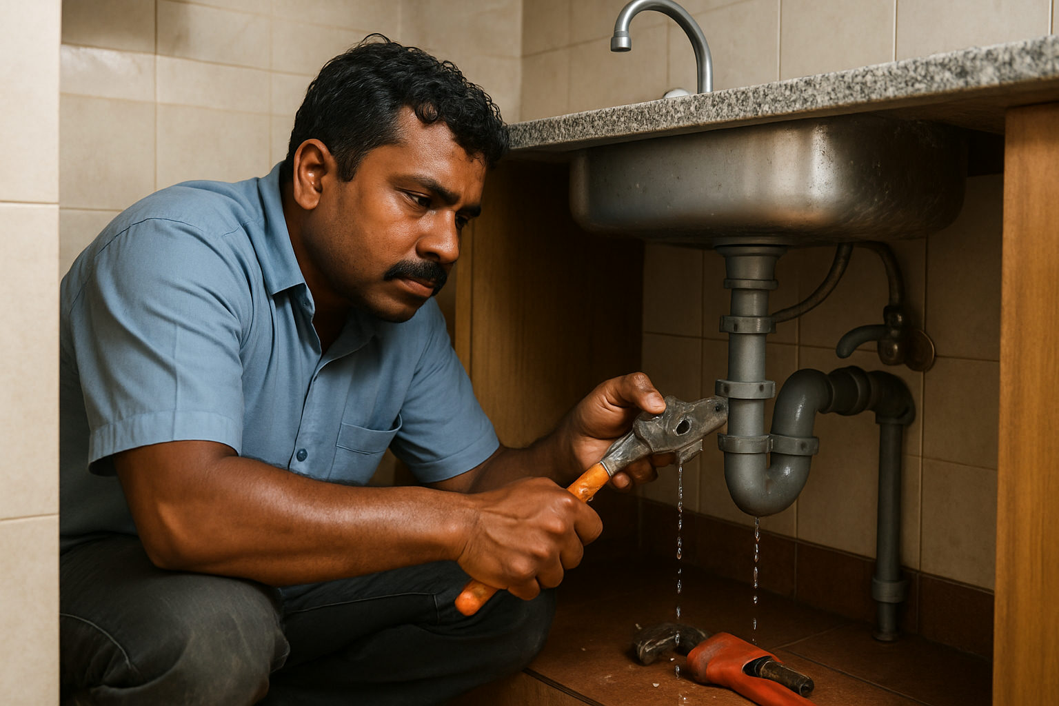A plumber fixing a leaking pipe under a kitchen sink in a Surat apartment