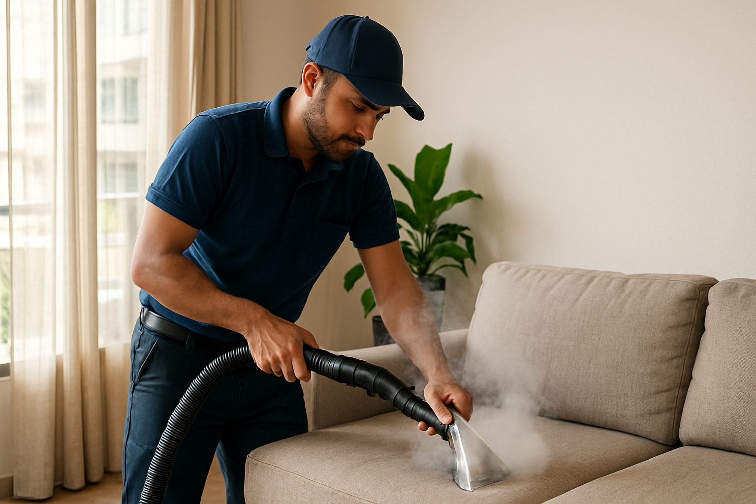 A professional sofa cleaning technician steam cleaning a fabric sofa in an Ahmedabad apartment