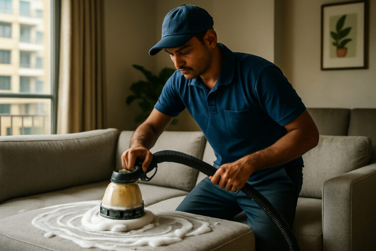 editorial a upholstery cleaner using a foam cleaning machine on a light grey fabric sofa in a modern Bangalore apartment…