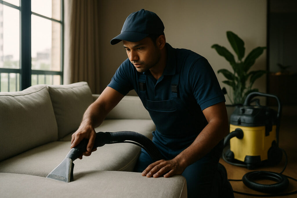 editorial a home service technician cleaning a light grey fabric sofa in a modern Chennai apartment living room, natural…