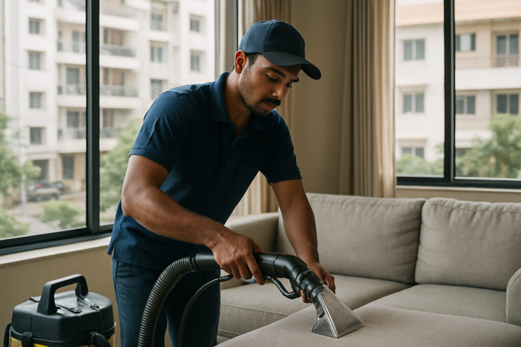 editorial a home service technician in uniform using a steam extraction machine on a light-grey fabric sofa inside a clean…