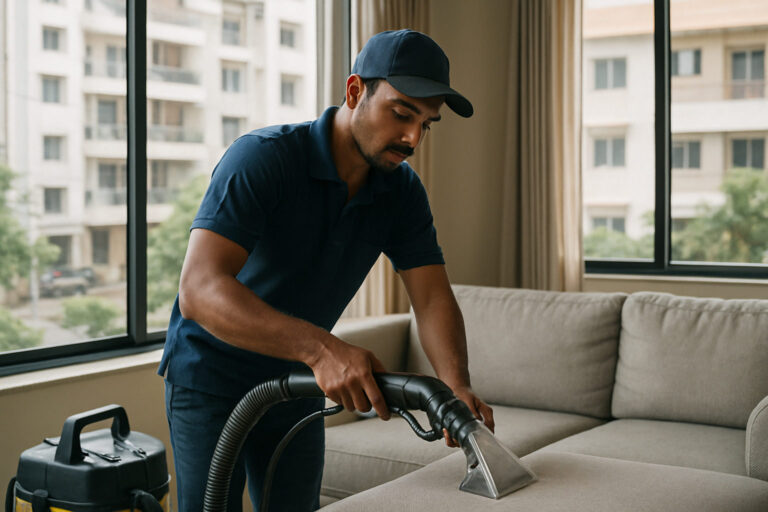 editorial a home service technician in uniform using a steam extraction machine on a light-grey fabric sofa inside a clean…