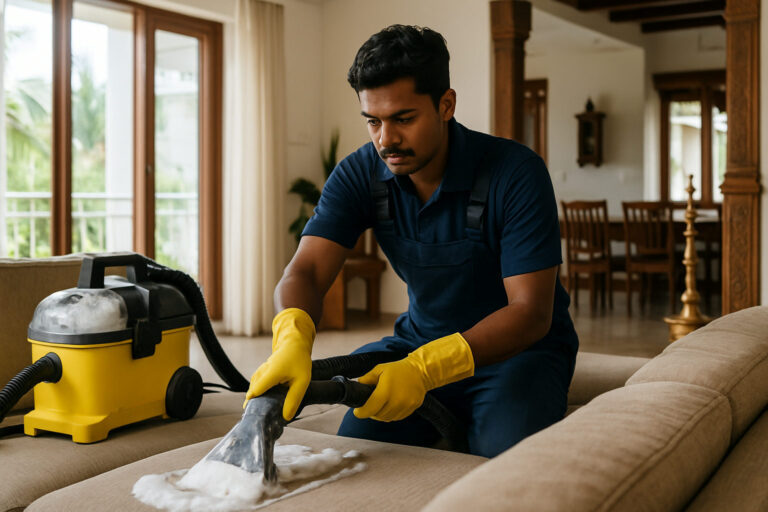 editorial a cleaning technician operating a foam extraction machine on a large fabric sofa in a bright modern Kochi…
