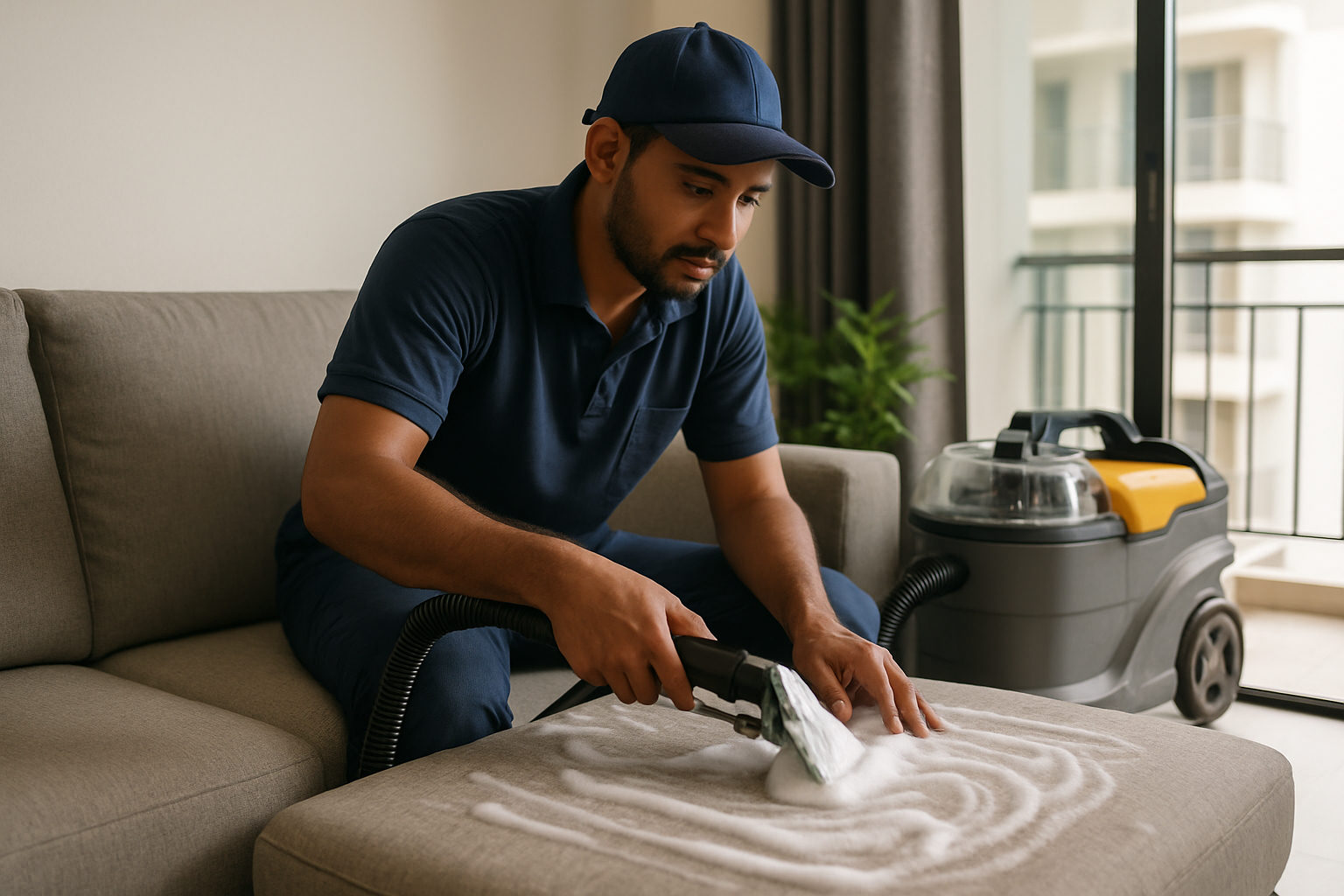 Professional sofa cleaning technician using foam extraction machine on a fabric sofa in a Kochi apartment