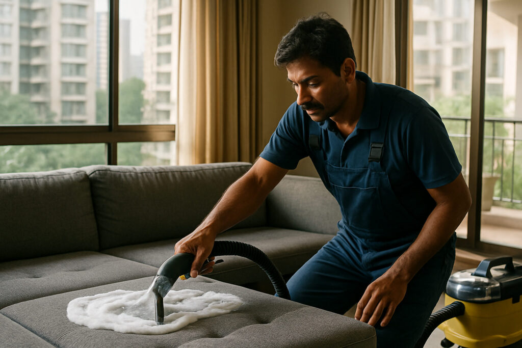 editorial a sofa cleaner using a foam extraction machine on a large grey fabric sectional sofa inside a bright Mumbai…