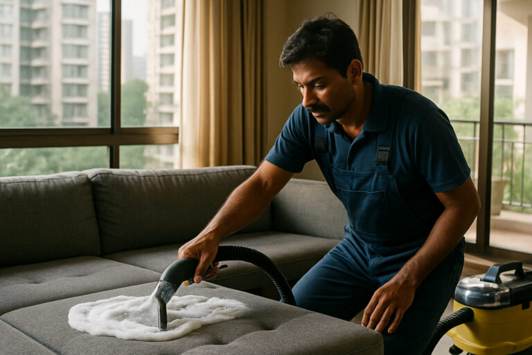 editorial a sofa cleaner using a foam extraction machine on a large grey fabric sectional sofa inside a bright Mumbai…