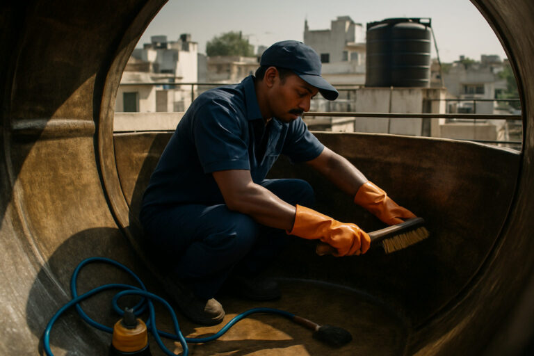editorial a technician in uniform scrubbing the interior walls of an overhead rooftop water tank in Bhopal India,…
