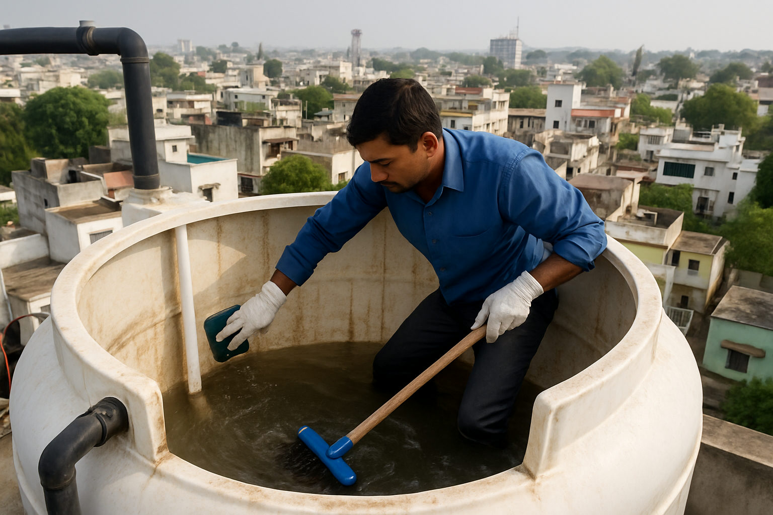A professional cleaning the interior of an overhead water tank on a rooftop in Bhopal