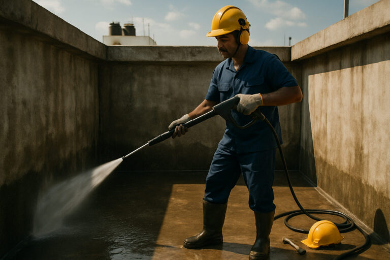 editorial a uniformed technician using a high-pressure jet washer inside a rooftop concrete water tank on a Chennai…