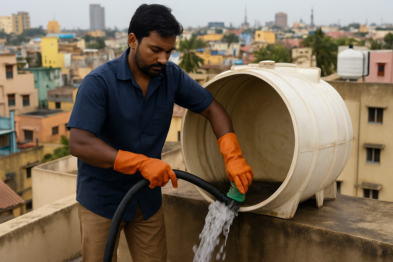 A professional technician draining and scrubbing a rooftop water tank in Chennai