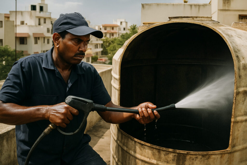 editorial a uniformed technician using a high-pressure jet pump to clean the inside of a rooftop water tank in a…