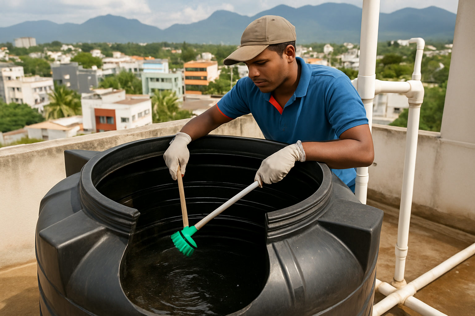 A professional cleaning the inside of an overhead water tank on a rooftop in Coimbatore